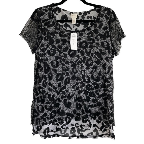 NWT Chico’s Blouse Cheetah Chaser Lace Overlay Top Scoop Neck Size Medium ( 1 ) - Picture 1 of 9